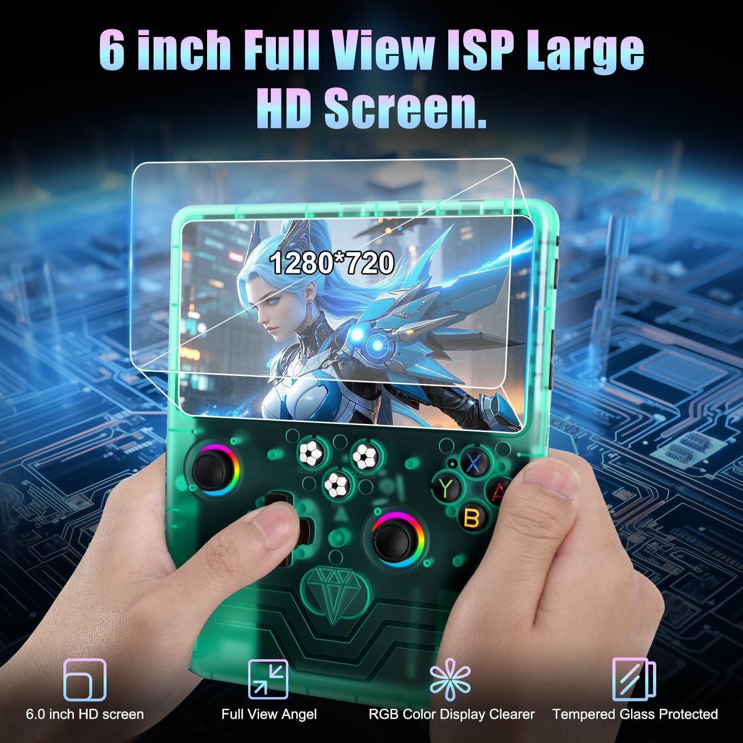 R60 Max Handheld Game Console, 128GB Retro Gaming Console with 40,000+ Games, 6-Inch IPS Screen, Linux System, RGB Joysticks, 6000mAh Rechargeable Portable Gaming System (Transparent Green)