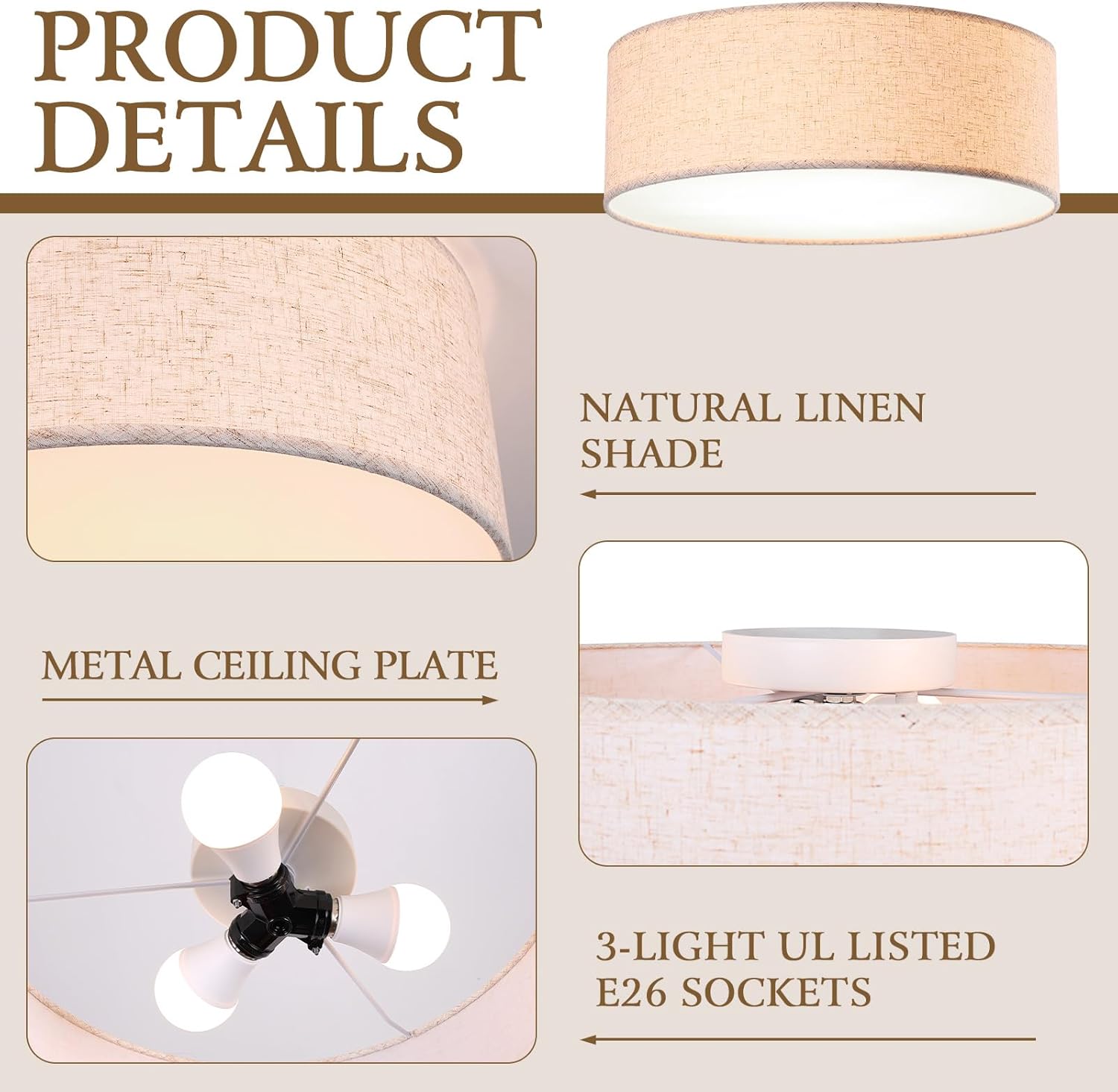 15.7-inch Modern Ceiling Light with Natural Linen Shade, Three-Light recessed Drum Fixture, UL-Certified for bedrooms, Kitchens, Living Rooms, hallways, and porches.