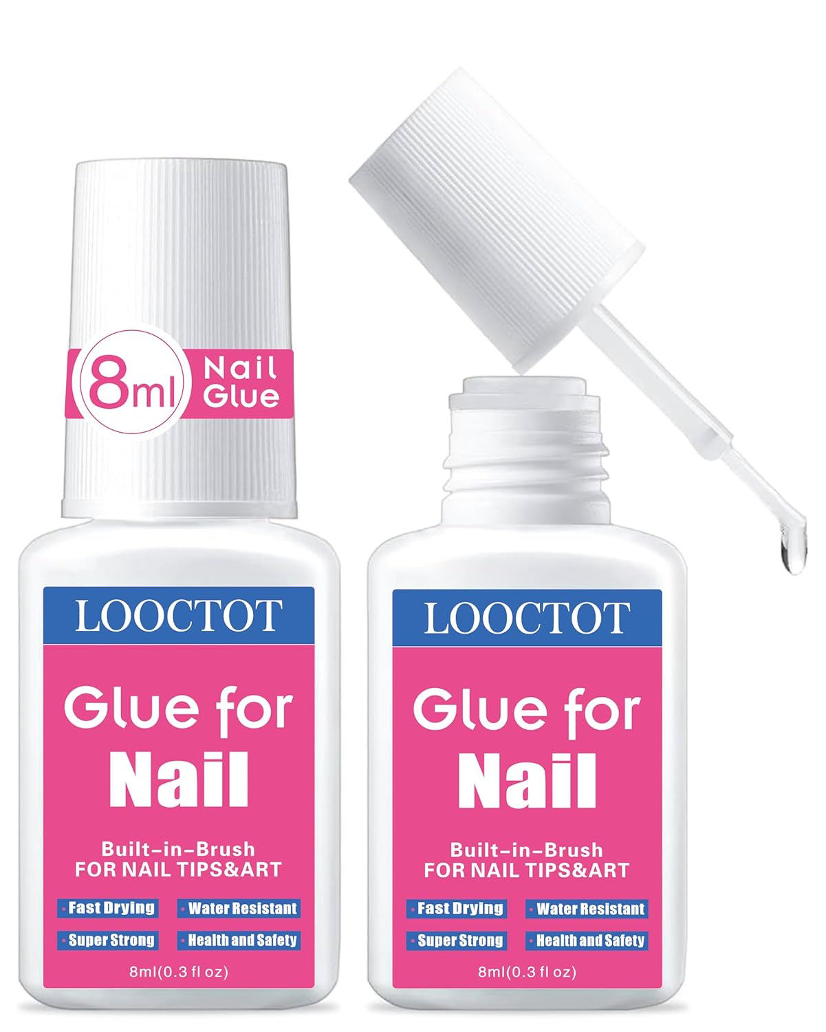 Super Strong Nail Glue for Nail Tips,Acrylic Nails and Press on Nails,Built in Brush on Nail Glue for Press on Nails,Long Lasting Nail Cement(8ml*2)