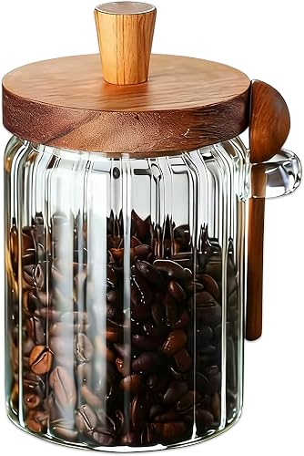 Glass Jar With Wooden Lid And Spoon, Glass Food Storage Canister, Airtight Storage Jar For Coffee Beans Coffee Grounds Sugar Salt Loose Leaf Tea