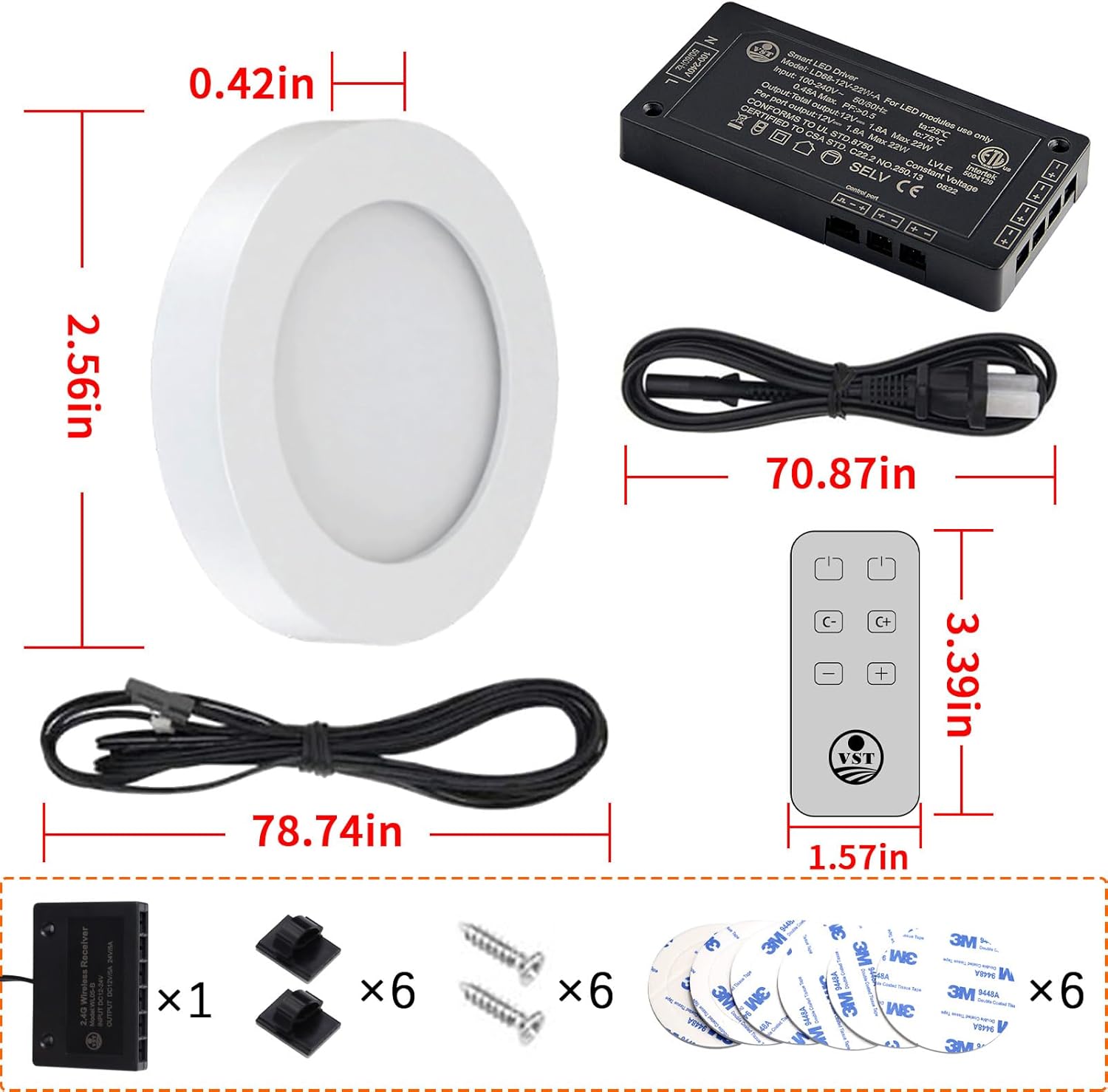 VST Under Cabinet Lights CCT 3000K-6500K, LED Puck Light Color Temperature and Brightness Adjustable with Touch Remote Dimmer and ETL-Listed Led Driver for Drawer Wardrobe Kitchen （White）
