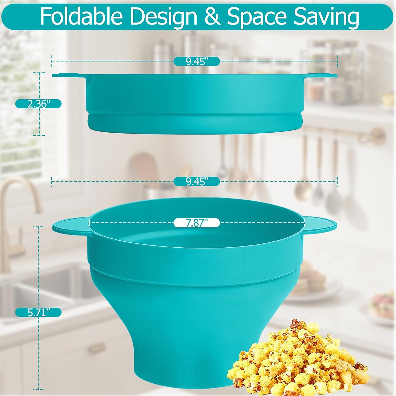 Microwave Popcorn Bowl with Handles: Silicone Popcorn Popper Reusable Collapsible Bowls, Heat-Resistant & Easy to Clean, 16 Cups Capacity - Cyan