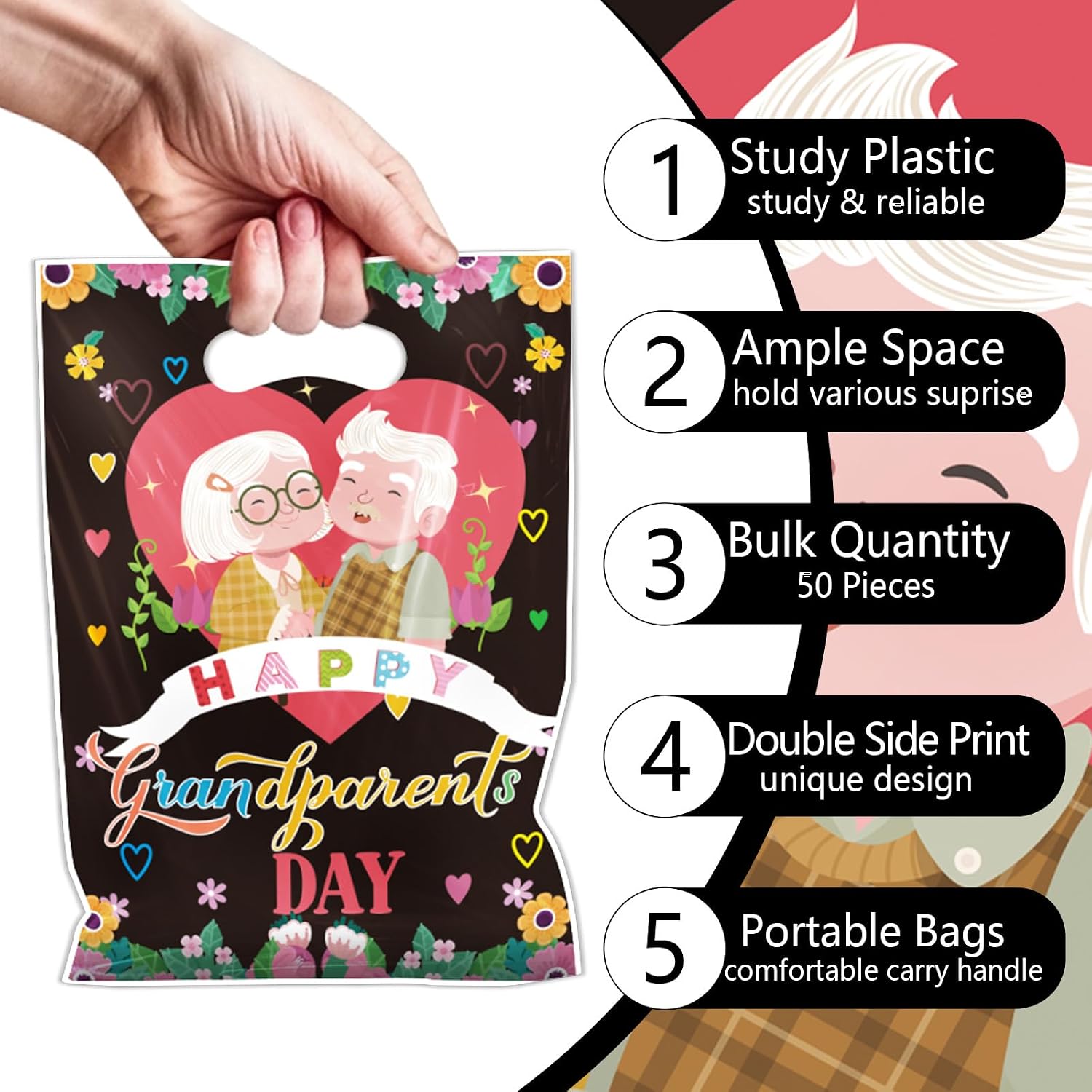 NOVBAUB Grandparents Day Party Favors Bags 50PCS Grandpa Grandma Birthday Gift Bags with Handles Happy Grandparents Day Goodie Treat Candy Bag Party Supplies for Grandma Grandpa image 3