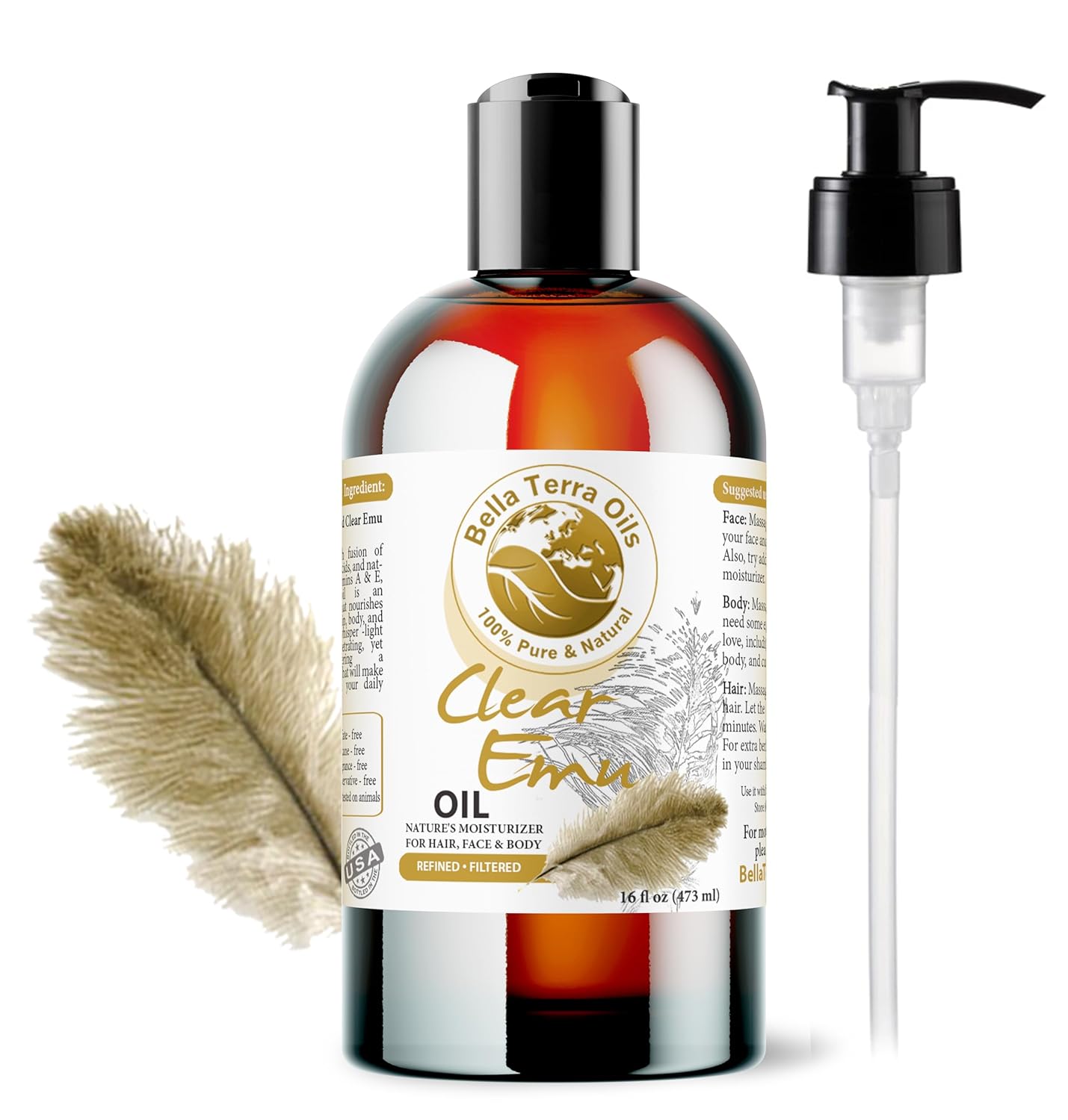 Bella Terra Oils - Clear Emu Oil 16oz - Ultra-Purified & Six-Times Refined, Rich in Omega-9, A Premium Choice for Skin & Hair Hydration