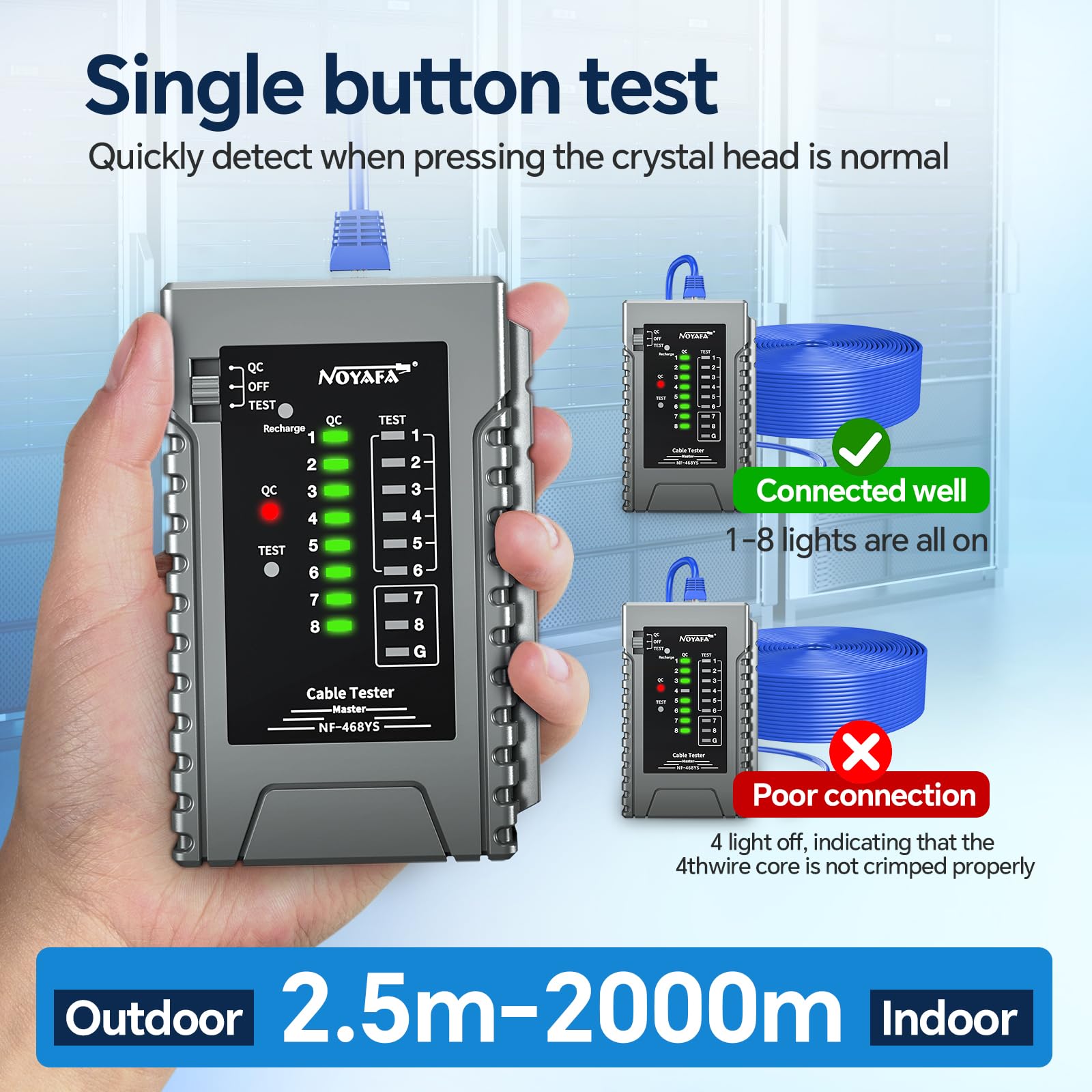 NOYAFA NF-468YS Network Cable Tester, Rechargeable Ethernet Cable Tester for RJ11, RJ12, RJ45, CAT5,CAT6, CAT7 - Image 4