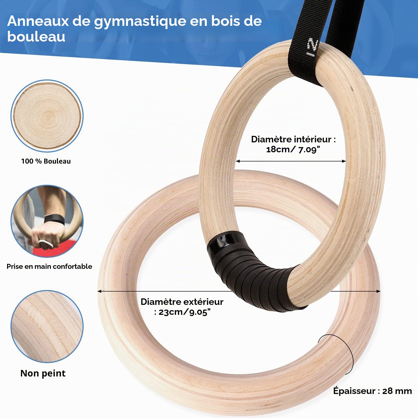 LIFERUN Anneaux de Gymnastique en Bois 28mm, Anneaux Sport Olympique avec Sangle Antidérapante, Boucle Réglable et Marqueurs - Anneaux d'entraînement pour Entraînement Complet du Corps
