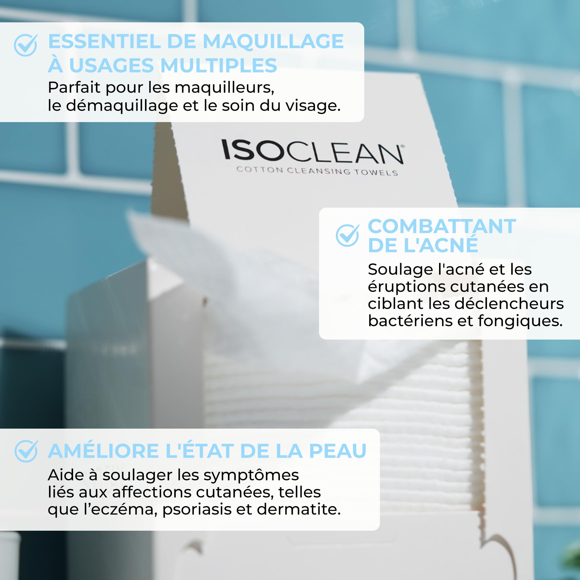 ISOCLEAN Lingettes Visage Jetables - Lingettes en Coton Doux pour Démaquillage, Nettoyage du Visage - Double Texture, Serviette Douce pour Peaux Sensibles, Sans Parfum - Boîte de 60