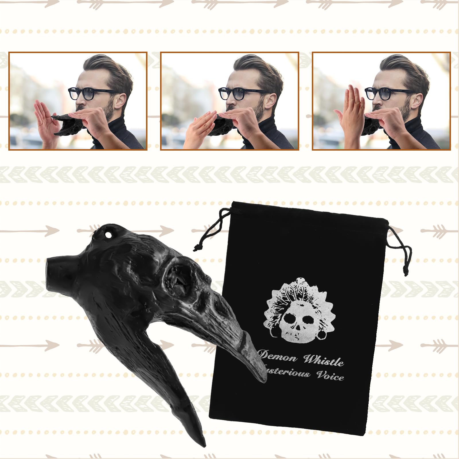 Sifflet de Mort Aztèque Hurlant, 125 dB Crâne de Corbeau Sifflet de Démon Cris Authentiques à Consonance Humaine Sifflet de Guerre Aztèque avec Sac à Cordon et Cordon pour Collection Cadeau