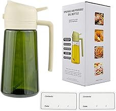 Oil Spray Bottle Dispenser for Kitchen Cooking, 470ml 16oz 2 in 1 Olive Oil Mister with 2 Waterproof Stickers for Kitchen Gadgets, Air Fryer, Salad, Frying, BBQ - White Lid + Green Bottle