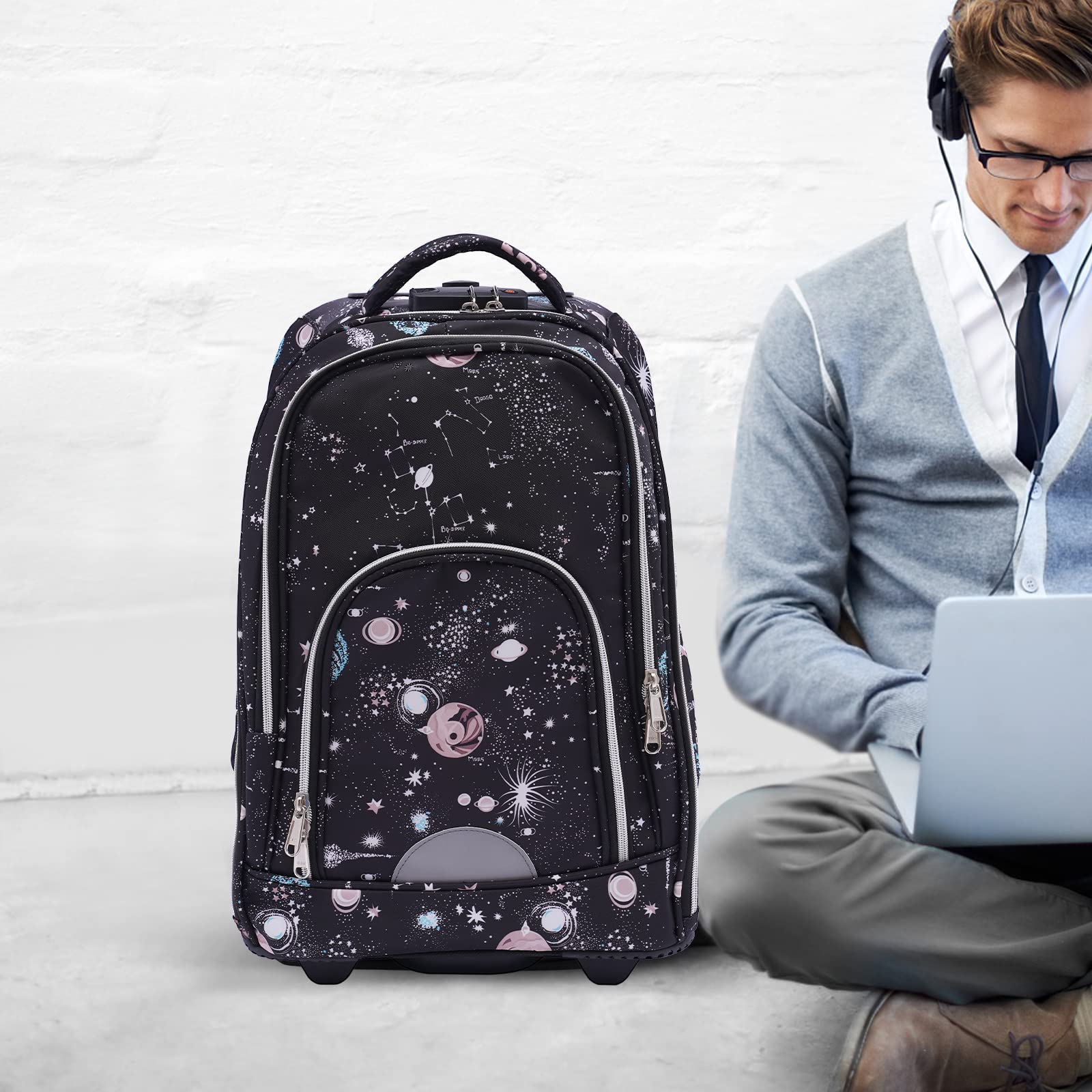 Trolley Zaino, zaino con ruote, zaino per computer portatile con ruota da 7 pollici, zaino da uomo, business con lucchetto a combinazione, per viaggi brevi, viaggi d'affari, viaggi scolastici,