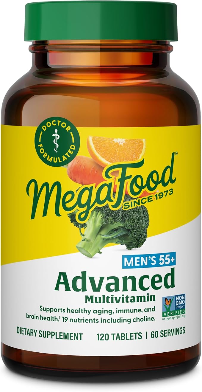 MegaFood Advanced Multivitamin for Men 55+, Mens Multivitamins 50 Plus, Methylated B12, Methyl folate, Choline, Vitamin D, Brain & Muscle Health, Immune Support, Vegetarian - 120 Tablets (60 Servings)