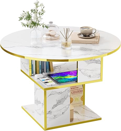 Miniatura 8 de Elephance Mesa de centro redonda con almacenamiento, mesa de centro de 3 niveles para sala de estar, mesa de madera, mármol blanco con marco dorado