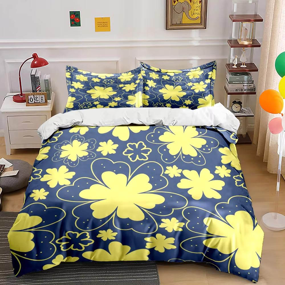 Housse de couette 200x200 fleur jaune avec parure de lit 2 personnes en microfibre douce