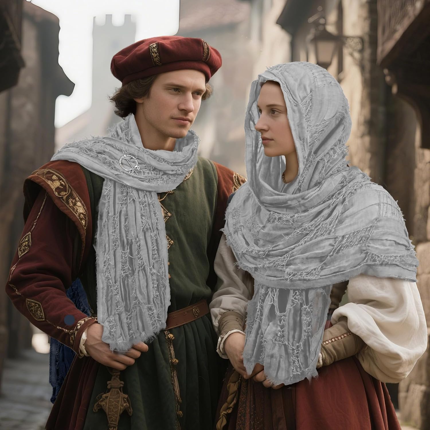 Viking Cape Costume with Hood Men Post Apocalyptic Medieval Hooded Shawl Scarf Cowl Tattered Viking Desert Cape Accessory