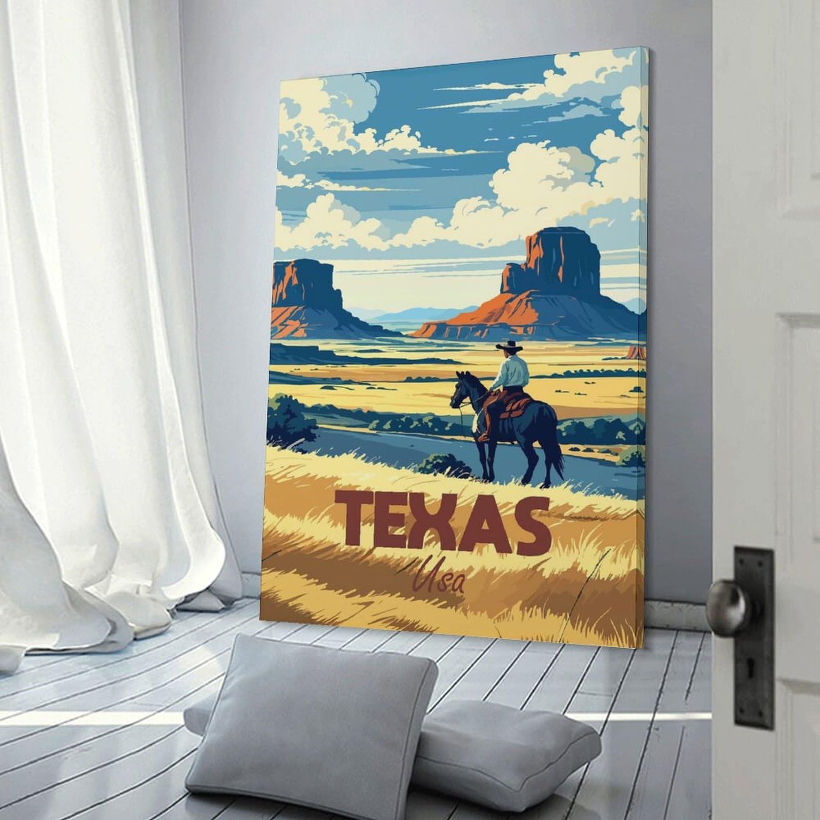 Junmoney Texas USA Cowboy Landscape Illustration Canvas Art Print 20x30inch(50x75cm), for Bedroom Decor, Cosy Corners Or Studios, An Easy Wall Refresh for Bedrooms