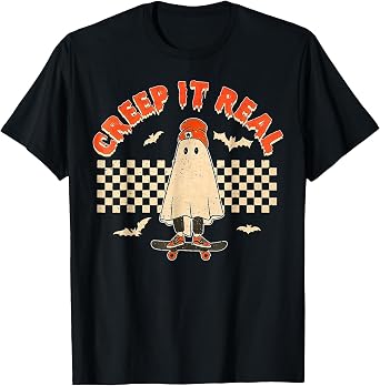Creep It Real Skateboarding Ghost Retro Halloween Costume T-Shirt