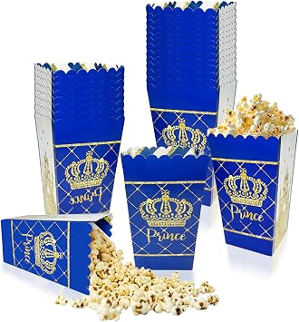 Set of 24 Blue and Gold Prince Popcorn Boxes, Royal Prince Charming Baby Shower Birthday Themed Party Favor Boxes Treat Candy Cookie Box Decoration Supplies
