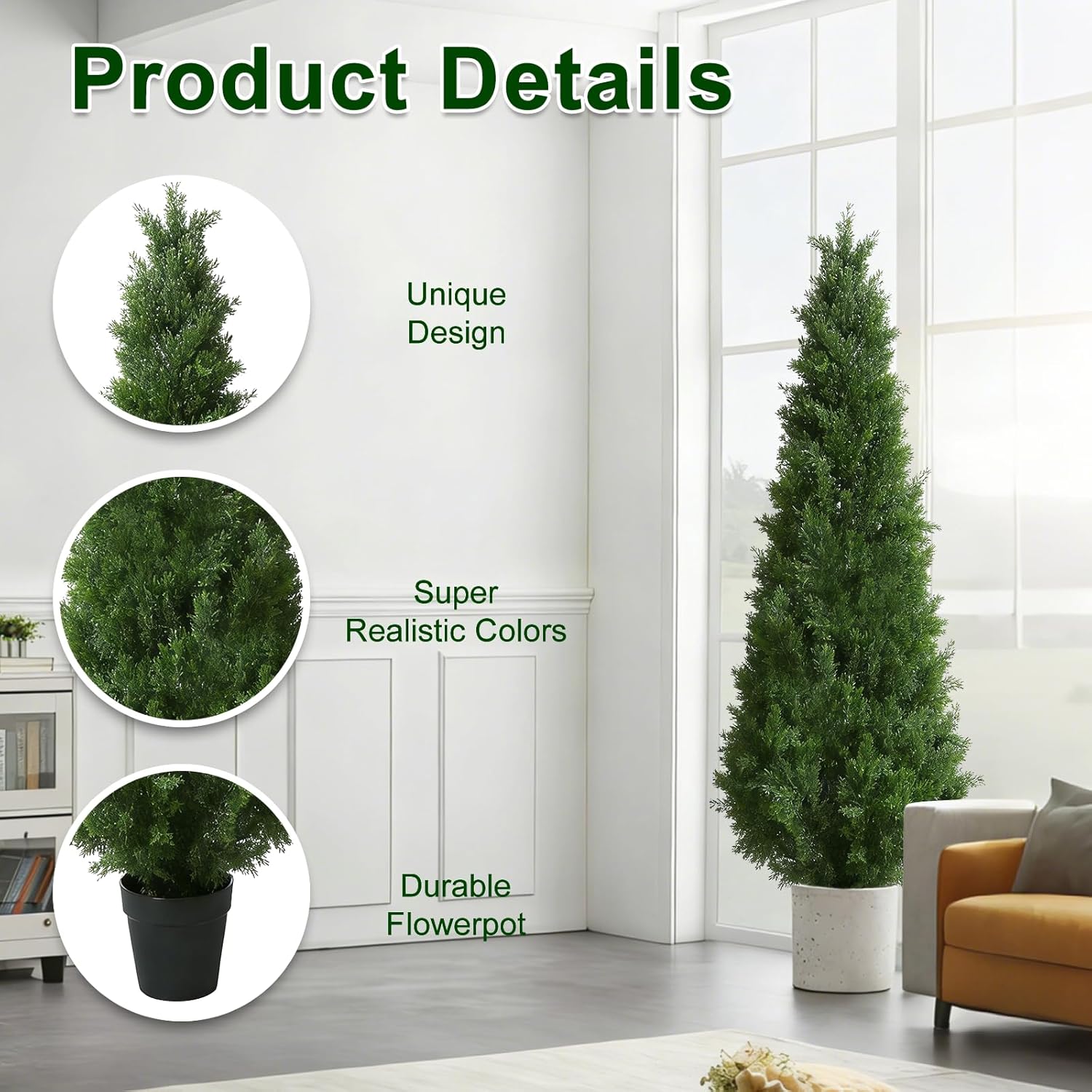 Artificial Topiary Cedar Trees 6FT Tall 2 Set, Indoor and Outdoor Faux Pine Shrubs Plants, Realistic Arborvitae Tree, Uv Resistant Faux Outdoor Plants for Home Porch Entryway Decor.