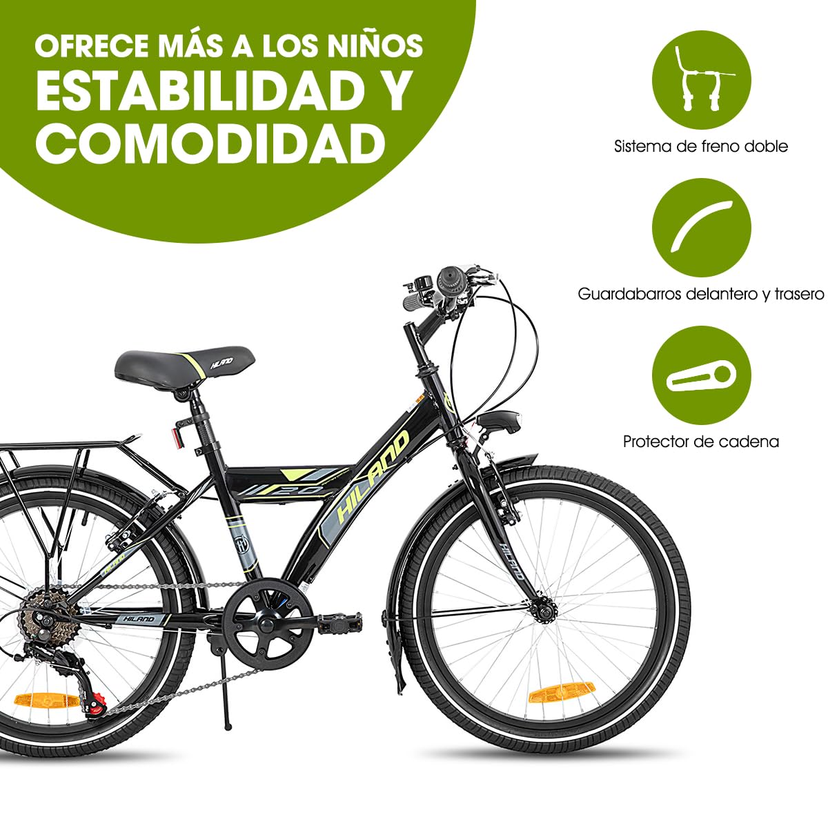 HILAND Bicicleta Infantil 20/24 Pulgadas para Niños y Niñas de 6 a 11 Años, Cambio de 6 Velocidades, Bicicleta Urbana Infantil con Portaequipajes Trasero, Negro/Blanco