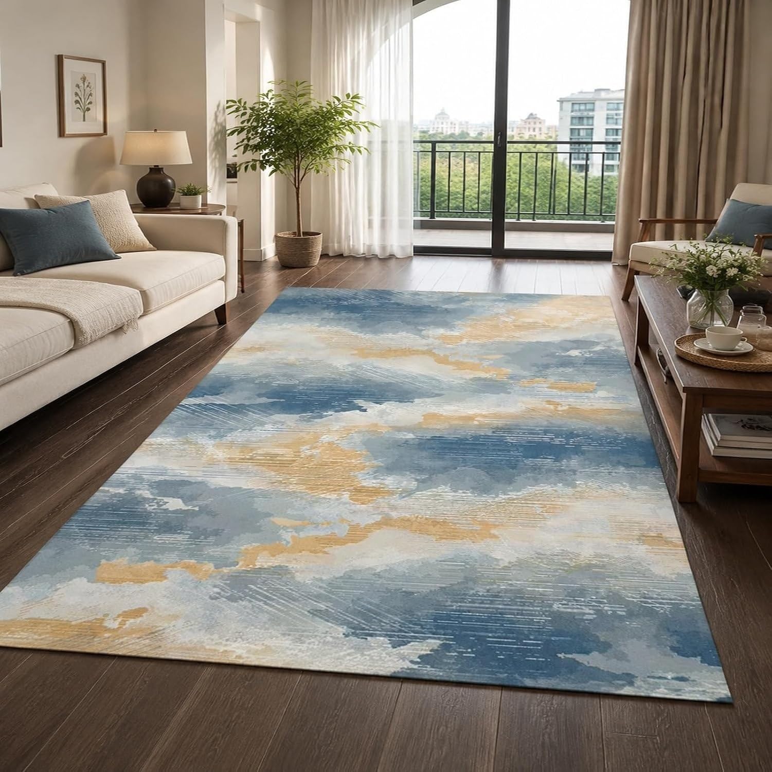 Tapis de Salon Lavable Motif Abstrait Moderne, Bleu, 150x150 cm (Carré)