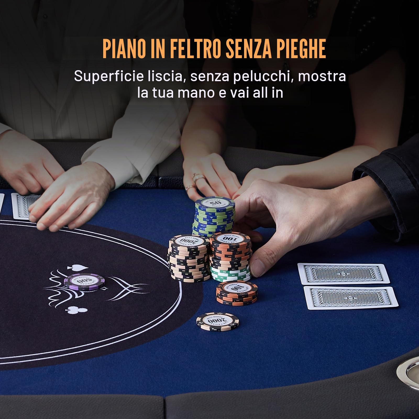 VEVOR Tavolo da Poker Pieghevole, 1830 x 820 x 720 mm, Nero e Blu, per 8 Giocatori, Copertura Antipolvere