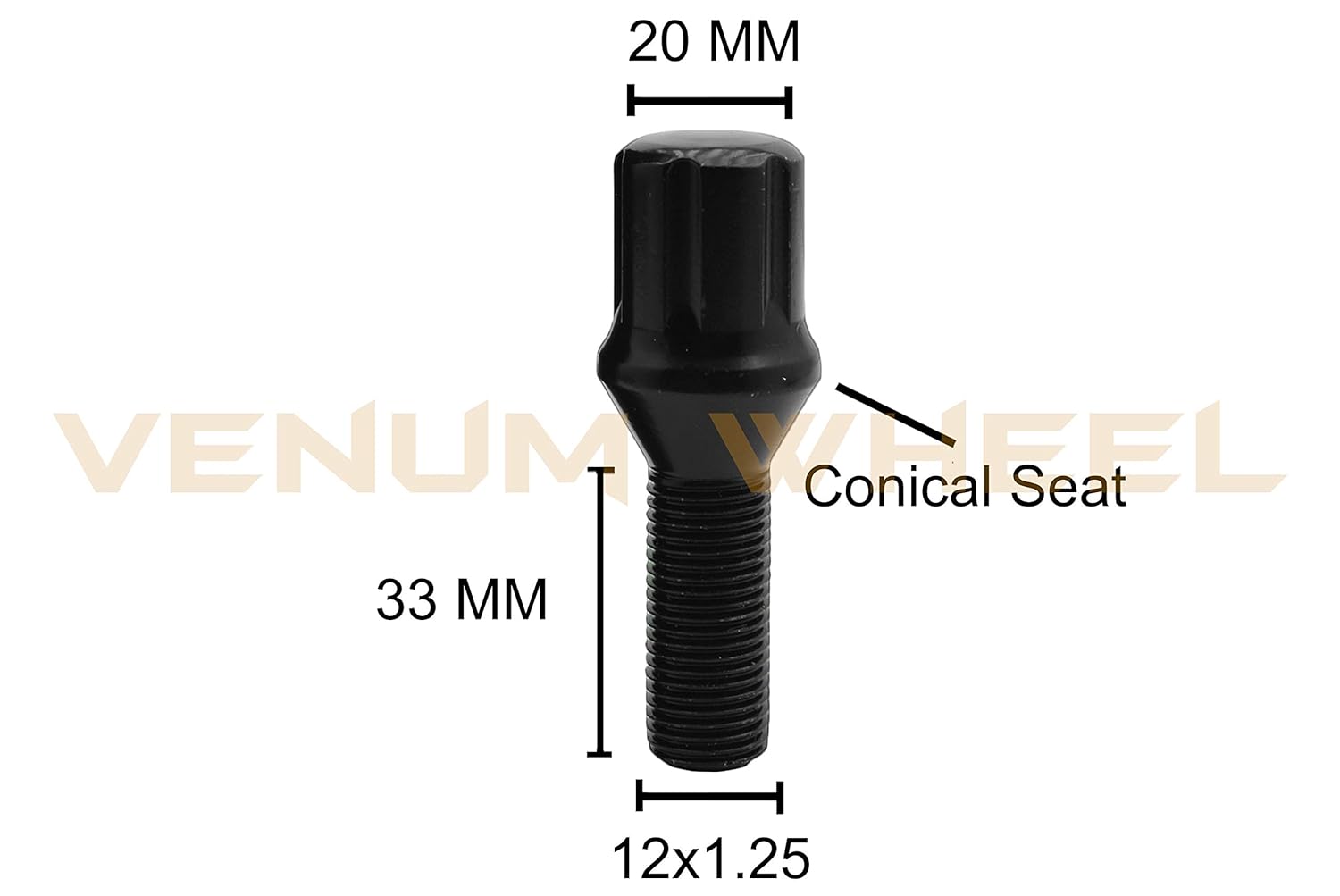 10 Pc | M12x1.25 Black Spline Tuner Lug Bolts | Cone Seat | 33 MM Extended Length | + 1 Key Socket | Small Diameter Lug Bolts