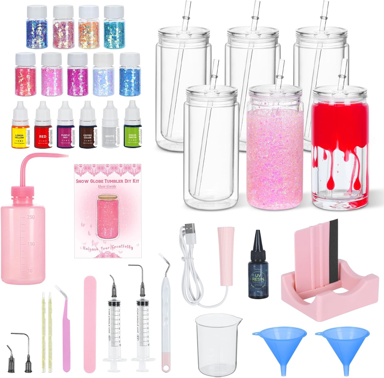 6 Pack 16 Oz Acrylic Snow Globe Tumbler Diy Starter Kit, Double Wall Plastic Pre-Drilled Snowglobe Tumbler Supplies Craft Tool Set