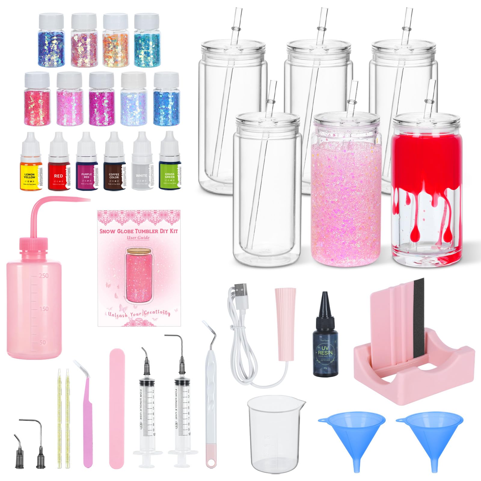 Snoverre 6 Pack 16 Oz Acrylic Snow Globe Tumbler Diy Starter Kit, Double Wall Plastic Pre-Drilled Snowglobe Tumbler Supplies Craft Tool Set