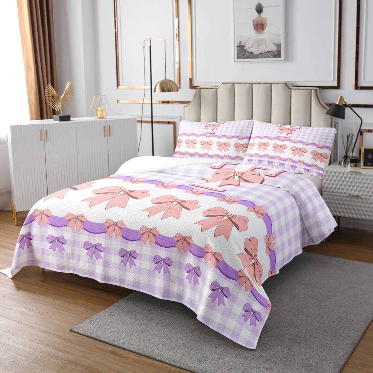 Początkowo A-Z kołdra w rozmiarze L, Kawaii Bow Tie Purple Checkered zestaw z 2 poszewkami na poduszkę, różowa kokardka, nadruk T, zestaw dla dzieci i dorosłych, oddychająca