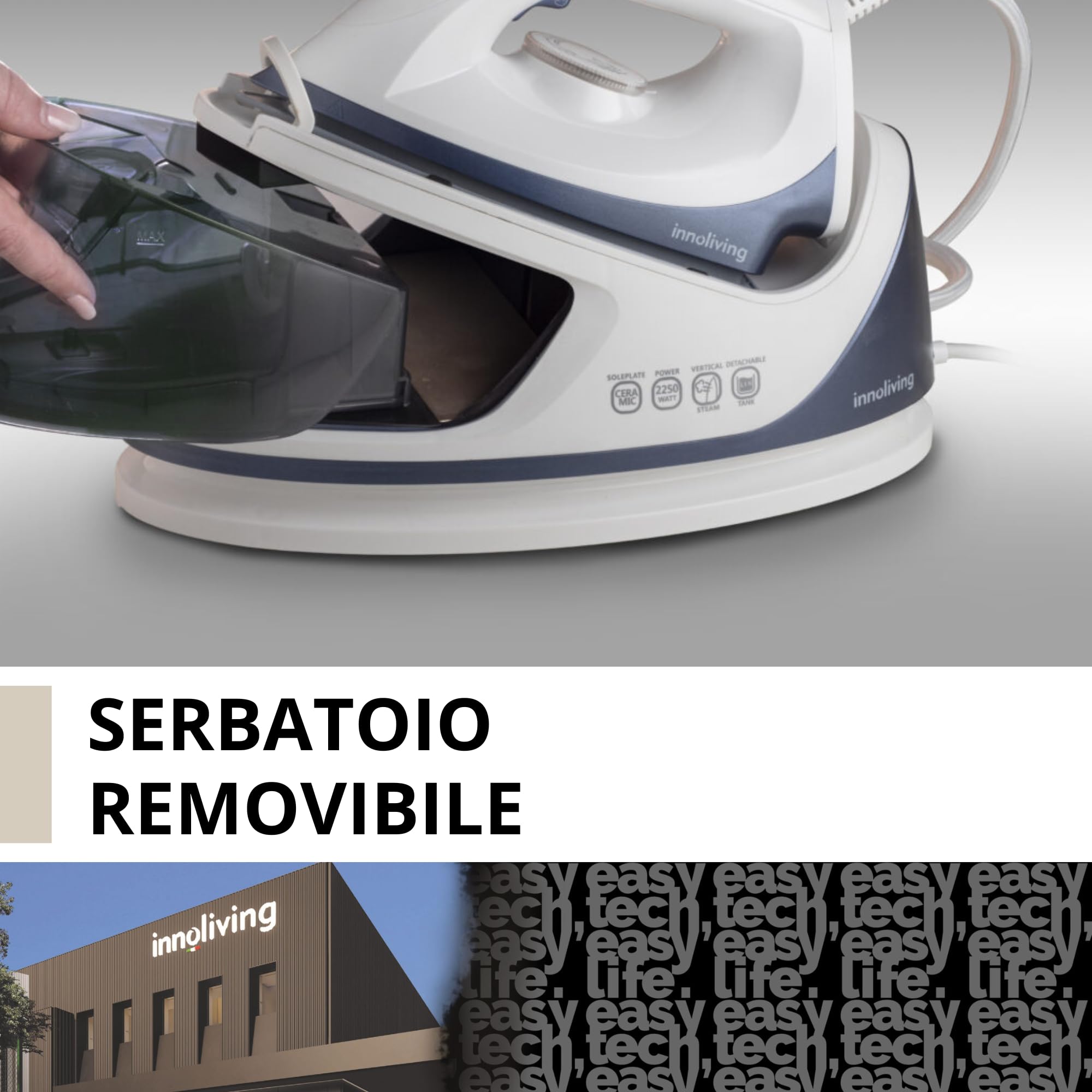 Innoliving Ferro da Stiro con Generatore Vapore Continuo INN-681, Potenza 2250W, Serbatoio da 1.1Litri, Pressione Vapore 3,5 Bar, con Funzione Anticalcare e Piastra in Ceramica
