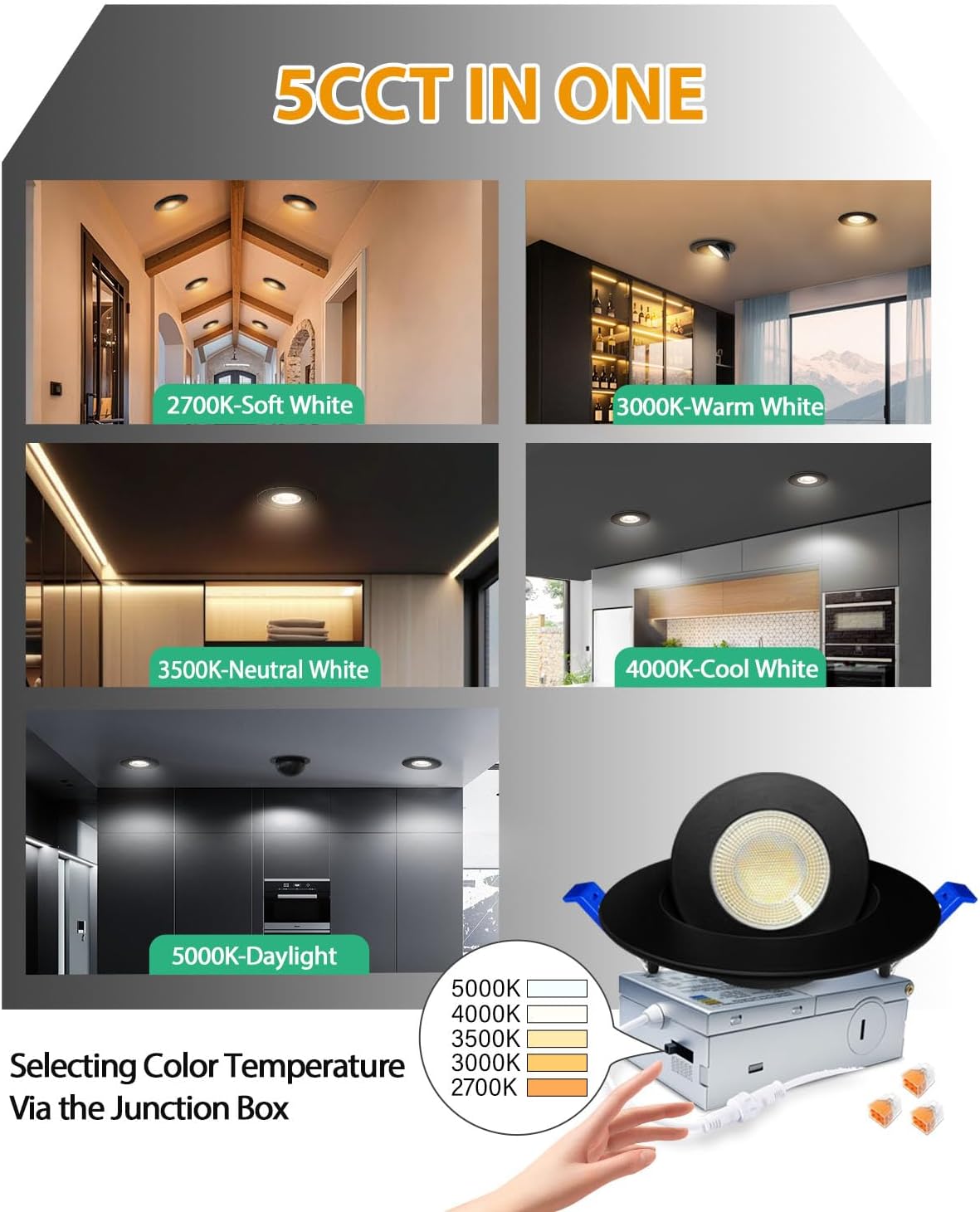 zouzai 12 Pack 4 Inch 5CCT Gimbal Black Led Recessed Lights, 360°+90° Adjustable Downlight for Sloped Ceilings, 2700K-5000K Dimmable Retrofit Eyeball Can Lights with Jbox, ETL&Energy Star