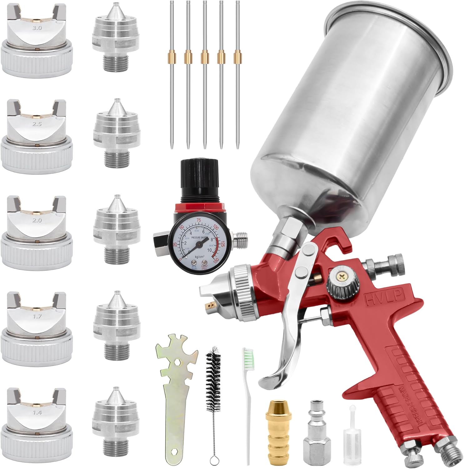 Automotive HVLP Gravity Feed Spray Gun, Air Paint Spray Gun Kit with 1.4, 1.7, 2.0, 2.5, 3.0mm Nozzles, 1000cc Aluminum Cup, Air Compressor Regulator