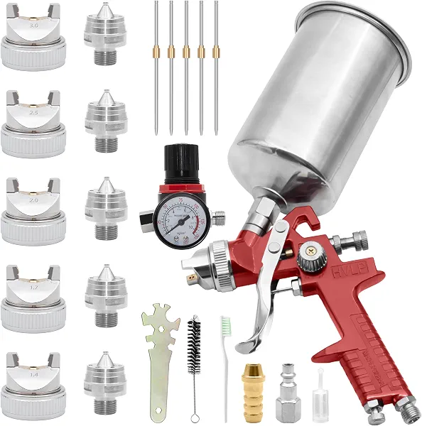 HVLP Gravity Feed Air Paint Spray Gun Kit | Automotive paint spraying set, multiple size nozzle options, includes 1000cc aluminum cup air regulator, gravity feed design