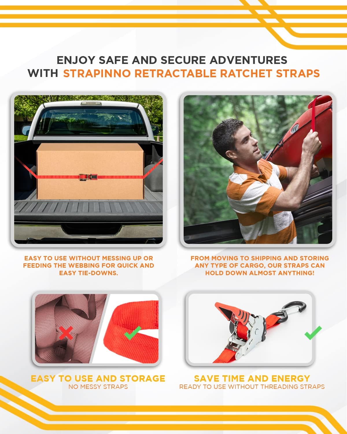 Strapinno Retractable Ratchet Straps 1 in x 10 ft, Secure Tie-Downs with Rubber-Coated Handles & S-Hooks, For Moving Motorcycle, Bike, Kayak, Cargo & Daily Use- Breaking Strength 1,500LBS/680KG (4PCS)