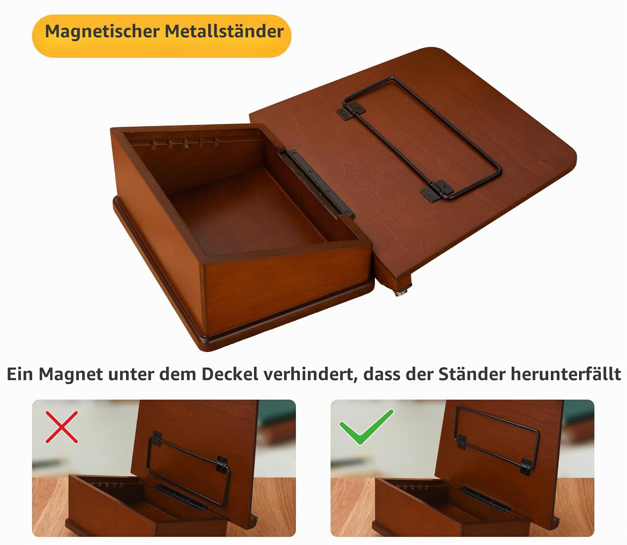 Großer Buchständer aus Holz mit Karussellsockel – verstellbarer Buchhalter mit Aufbewahrungsbox und magnetischem Ständer – 360° drehbarer Buch-Organizer aus Holz für Kochbuch (Dark Cherry)