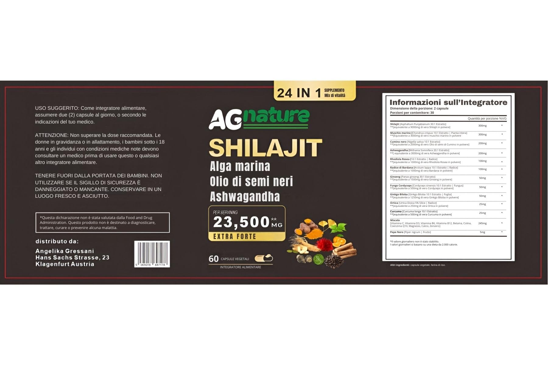AG nature Shilajit Puro Himalayano Originale Forte 60Cps | Complex 24 in 1 da 23,500mg con Ashwagandha, Ginkgo Biloba, Muschio Marino, Olio di Semi di Cumino Nero
