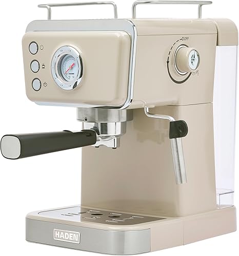 HADEN Barista Brew - Cafetera de café expreso, de acero inoxidable con espumador de leche y vaporizador y tanque de agua de 1.5 L, masilla y cobre