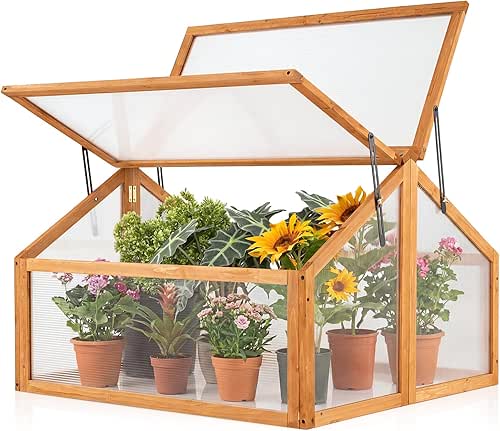 Ginatex Wood Cold Frame Greenhouse, Portable Raised Flower Planter Protection