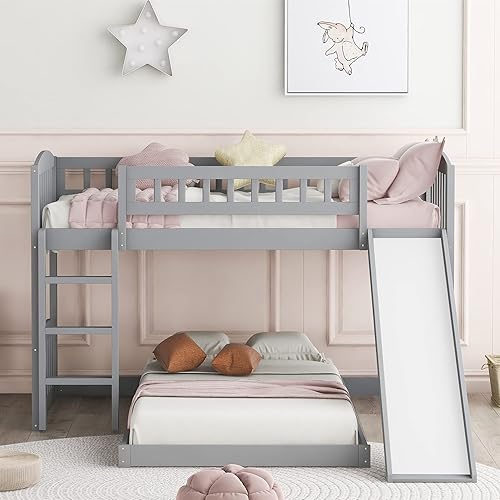 Miniatura 11 de Harper & Bright Designs Cama baja de tamaño individual con tobogán y escalera, cama alta junior para niños, cama alta de madera individual para