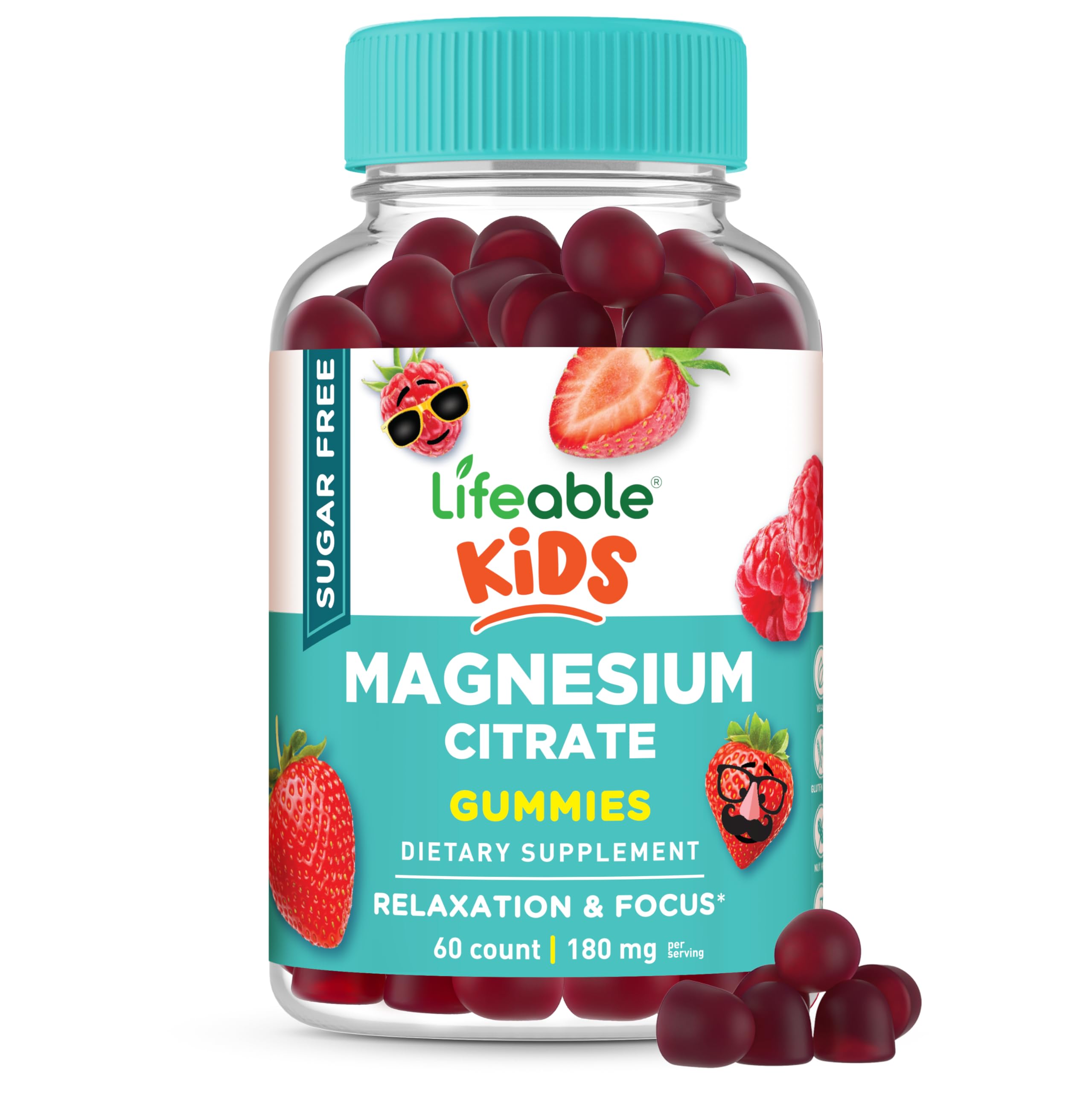 Lifeable Magnesium Citrate Gummies Sugar Free for Kids | Great Tasting Vegan Magnesium Citrate Supplement Gummies | Kids Magnesium Gummies for Muscle and Nerve Function | 60 Count