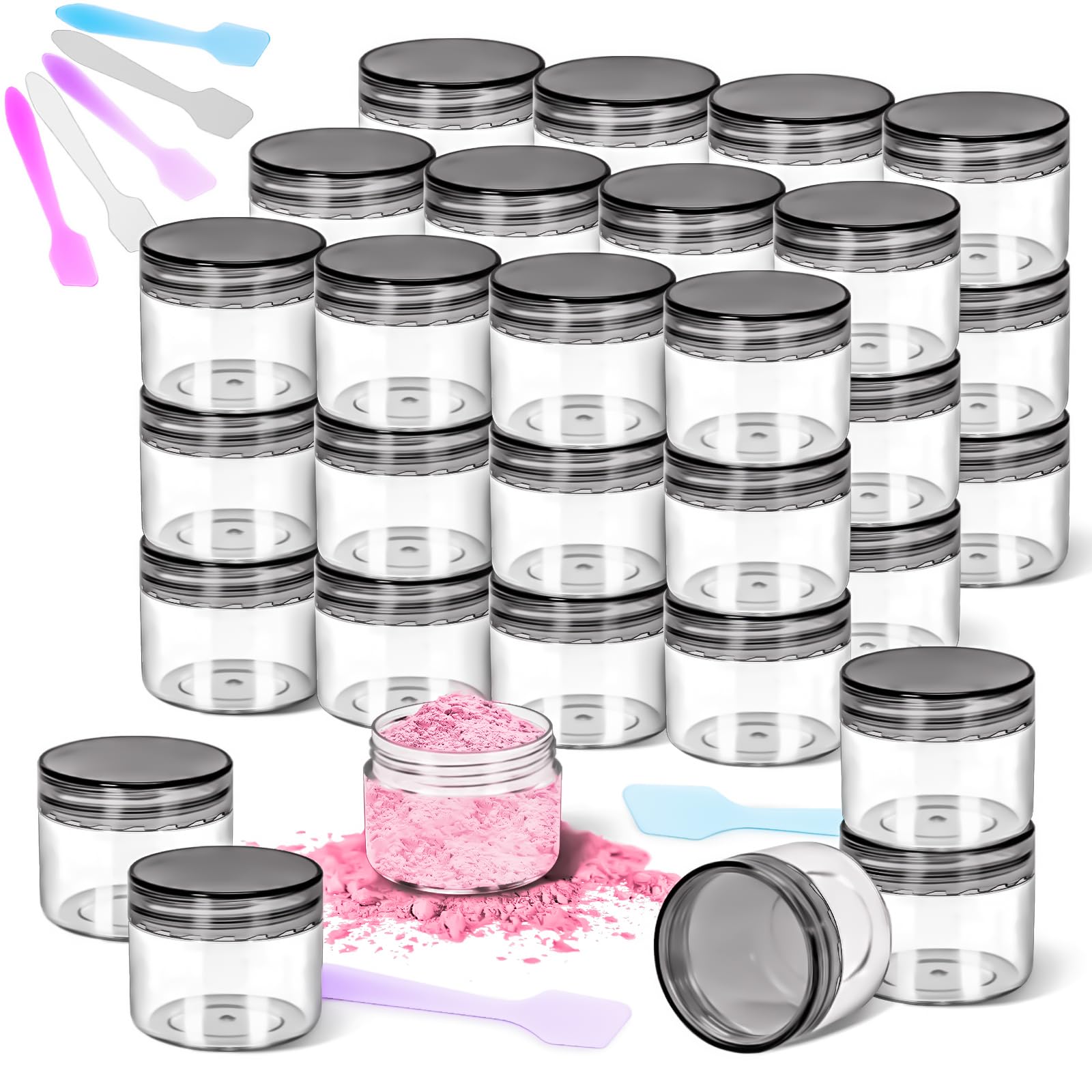 MotBach 40 Pack 20g Plastic Jars with Lids, 20ml Round Clear Cosmetic Containers Makeup Jars, 0.7oz Travel Size Container Jar with Spatulas for Makeup Sample Lotion Cream Ointment Salve Balm Powder