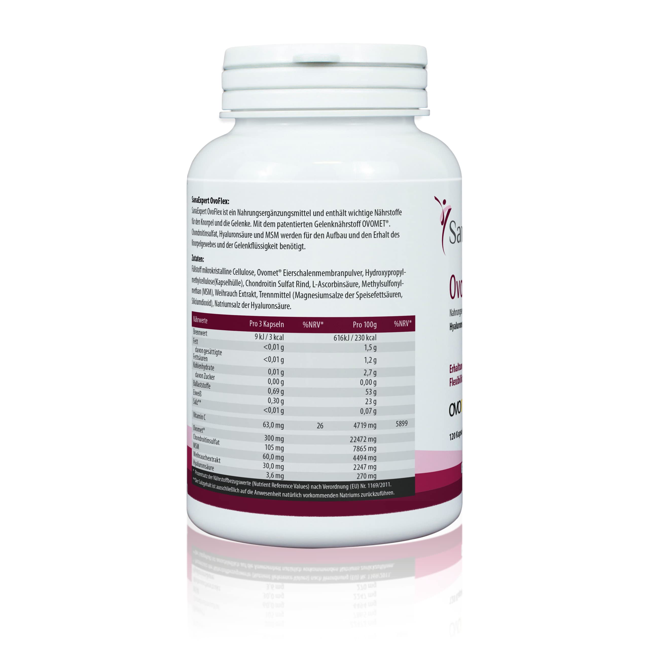 SanaExpert Ovoflex, integratore per le articolazioni con solfato di condroitina, acido ialuronico, vitamina C e OvoMet (120 capsule). Ingredienti 100% naturali. Prodotto in Germania.