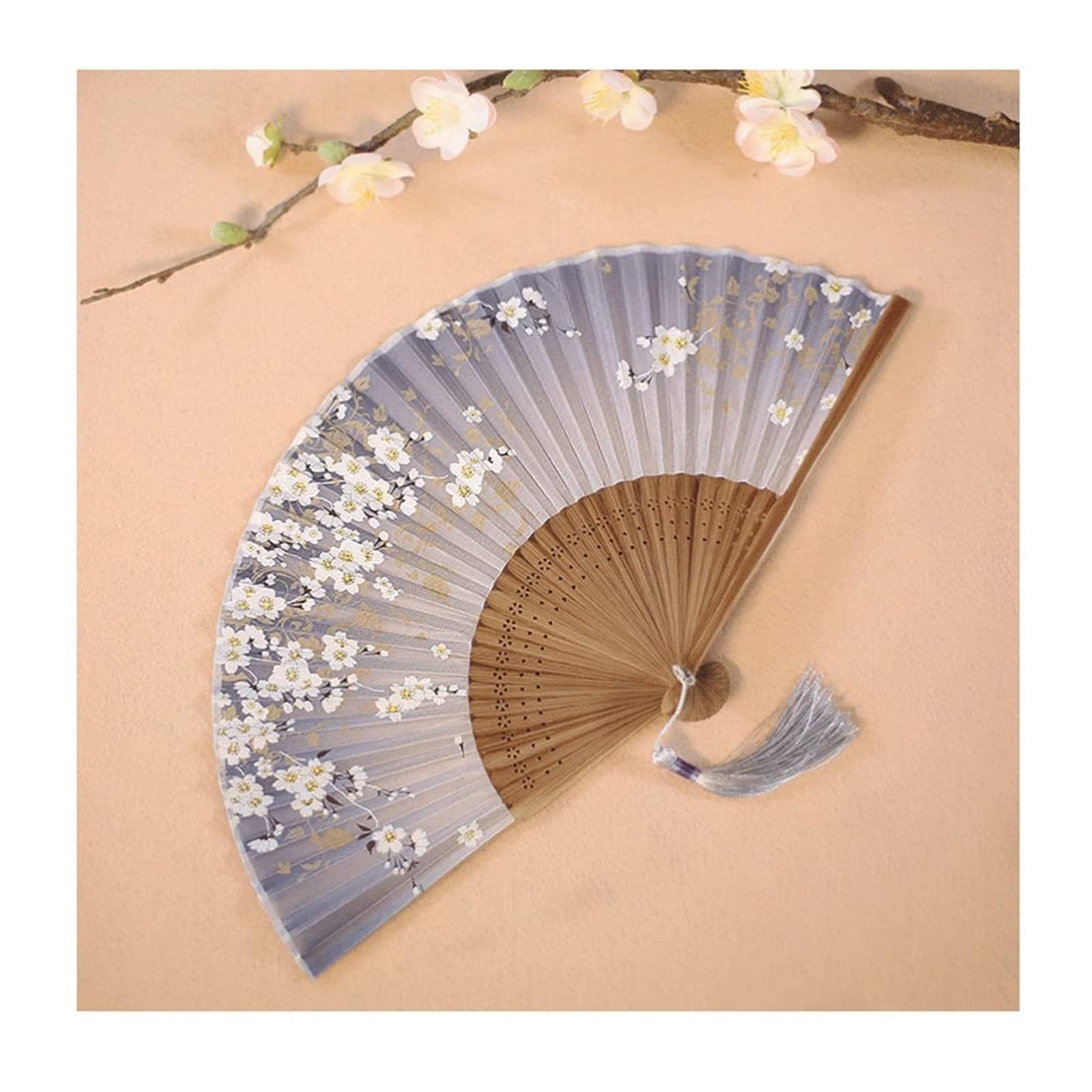 Folding Fans Silk Fabric Folding Fans Hand Fan with Tassels Exquisite Patterns Fans for Wedding Party Props Decoration Decorative(Color:Light Gray) (Light Gray one size)