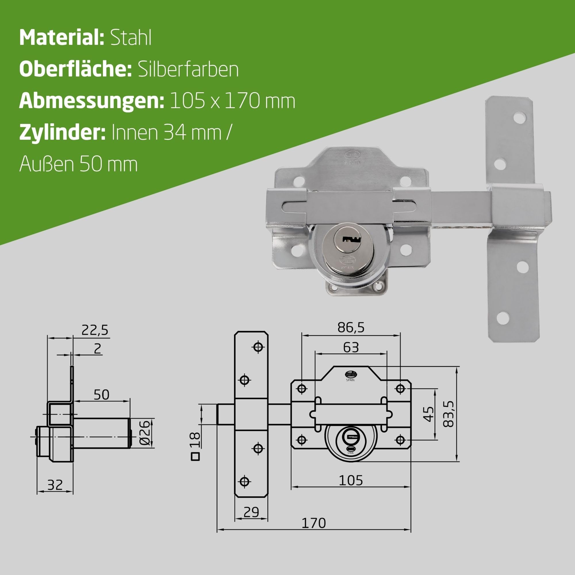Amig - Überschlagschloss mit rundem Zylinder innen und außen Mod. 4 | 105 x 170 mm | Sicherheitsschloss mit Schlüssel | inkl. 5 Stiftschlüssel | Stahl silber