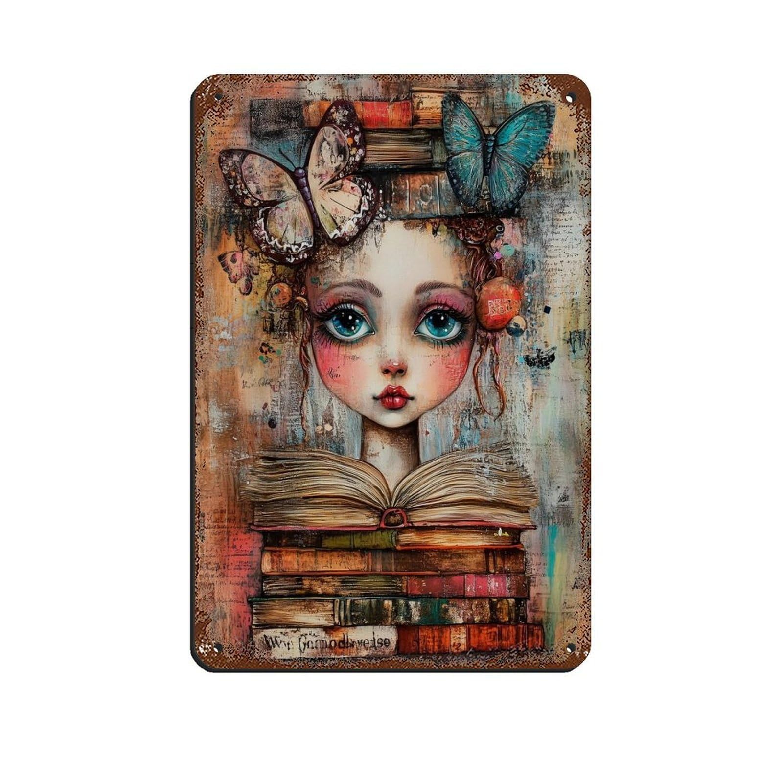 Whimsical Book Lover Art, Girl Reading Painting Tin Sign Vintage Metal Pub Club Cafe Bar Home Wall Art Decoration Poster Retro 8x12inch(20x30cm)