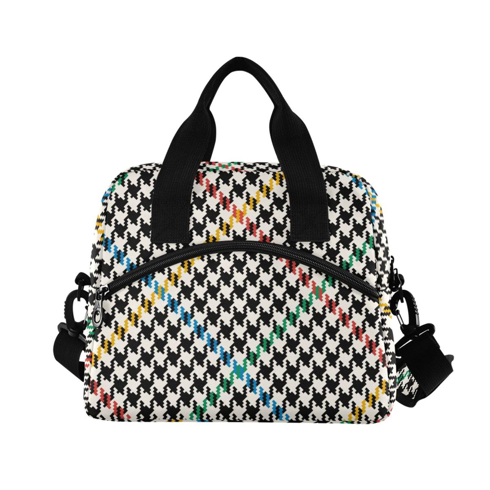 Insulated Lunch Bag Reusable Cooler Houndstooth Colorful Stripe Lunch Box Adjustable Shoulder Strap for Office Picnic School