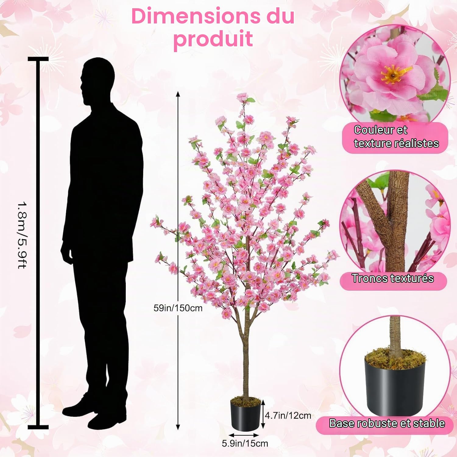 150 cm Arbre Artificielle Interieur Cerisier Rose Fausse Plante | Plantes Artificielles Grande avec Fleur Rose Arbre de Cerisier en Plastic Fausse Plante en Pot pour Deco Salon Chambre Bureau