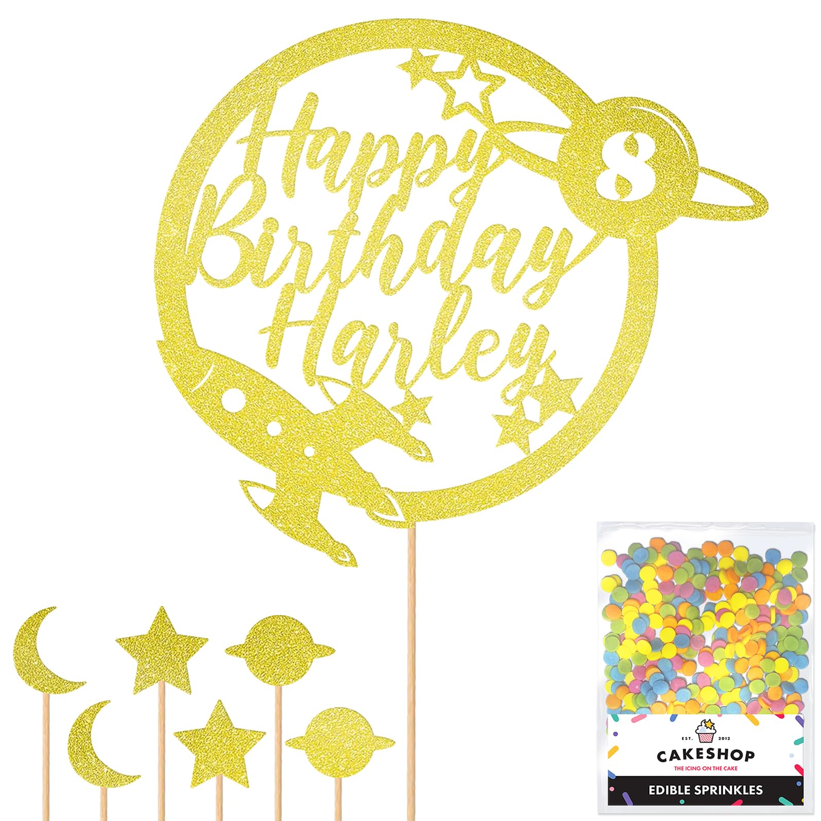 Personalised Space Rocket Planet Glitter Cake Topper Champagne Any Custom Age & Name Glitter Cake Decoration and Sprinkles - Happy Birthday Decorations - Personalised Toppers for Cakes by Cakeshop — image 1