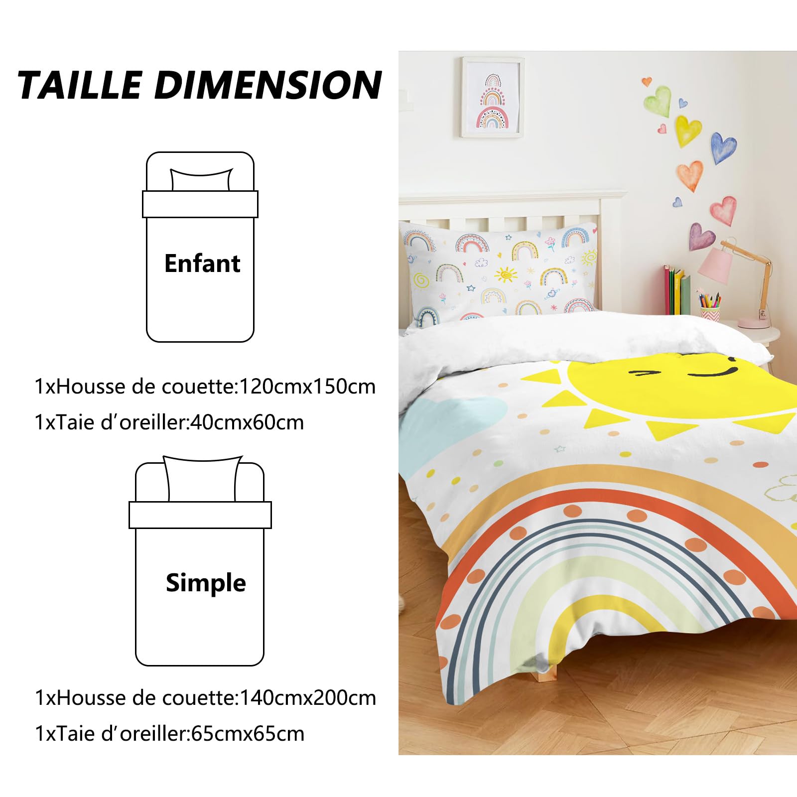 Yasida Regenboogbeddengoed, 135 x 200 cm, kleurrijk beddengoed, tieners, meisjes, met regenboog, zon, wolk, golven, stippen, voor kinderen, meisjes/ jongens, microvezel dekbedovertrek 135 x 200 cm en