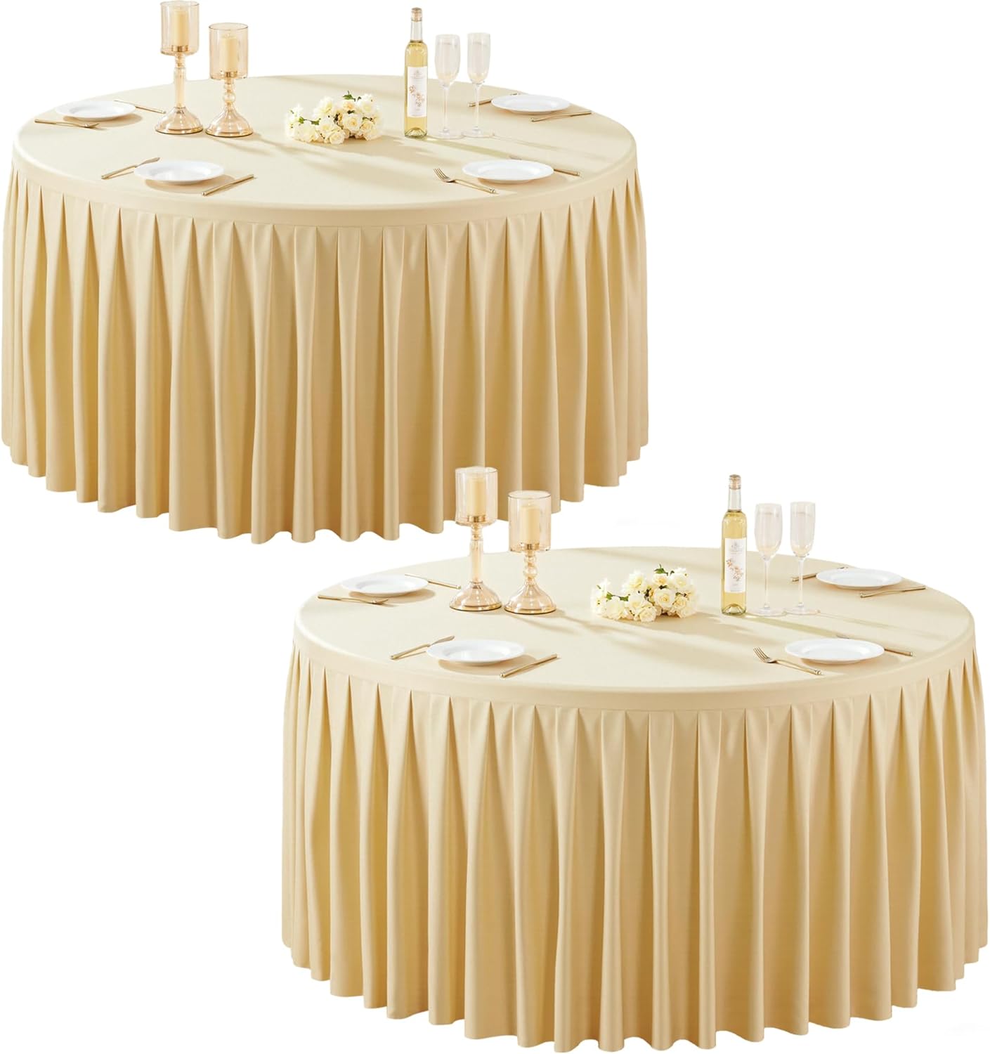 2 Pack Beige Round Tablecloth 60 inch Stretch Spandex Fitted Table Cloth 5FT Round Banquet Tablecloths Wrinkle Free Table Cover Stitch Circle Tablecloth with Ruffle Skirt for Party Wedding Birthday